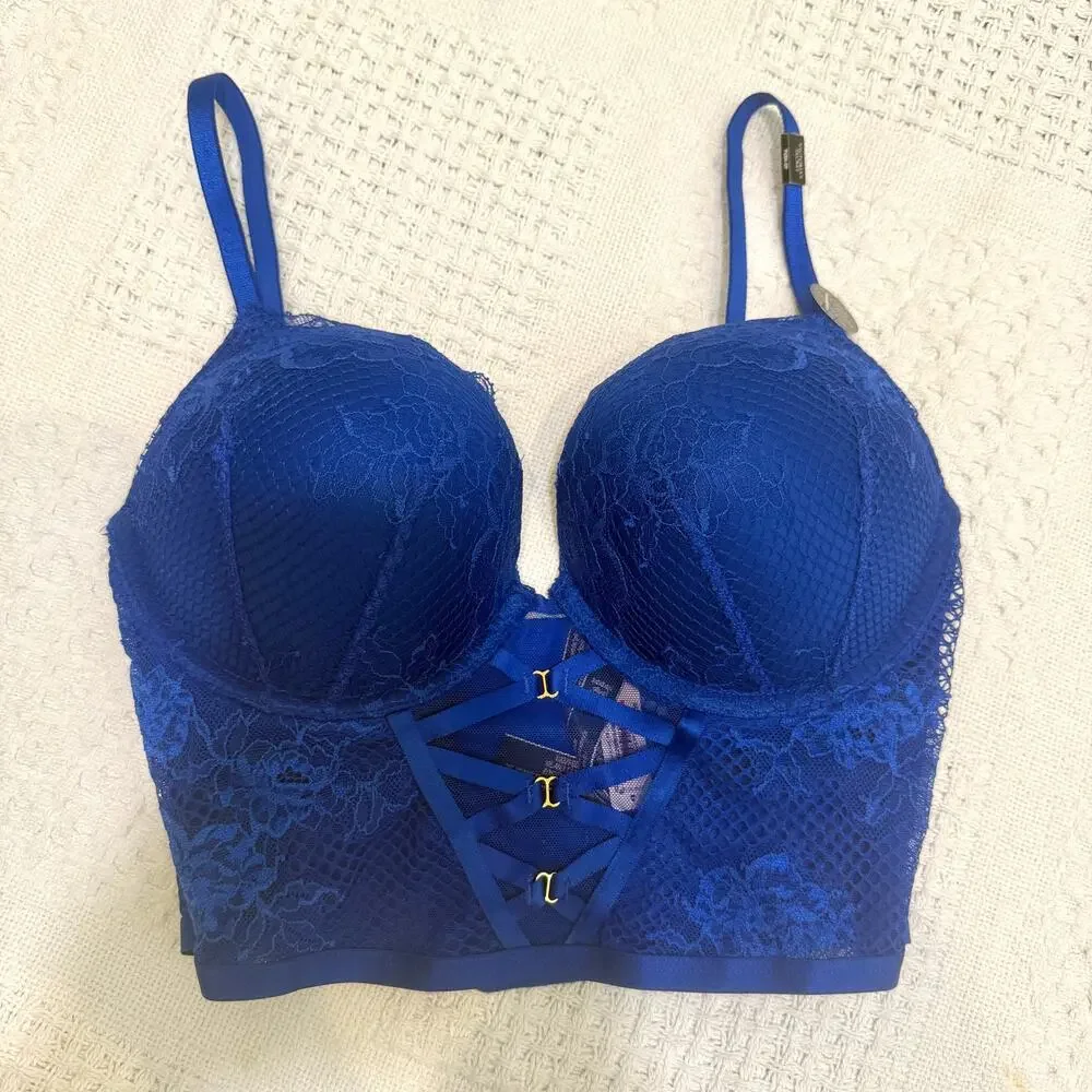 Victoria’s Secret Bombshell 32D plunge fishnet push up corset top BC3 3225